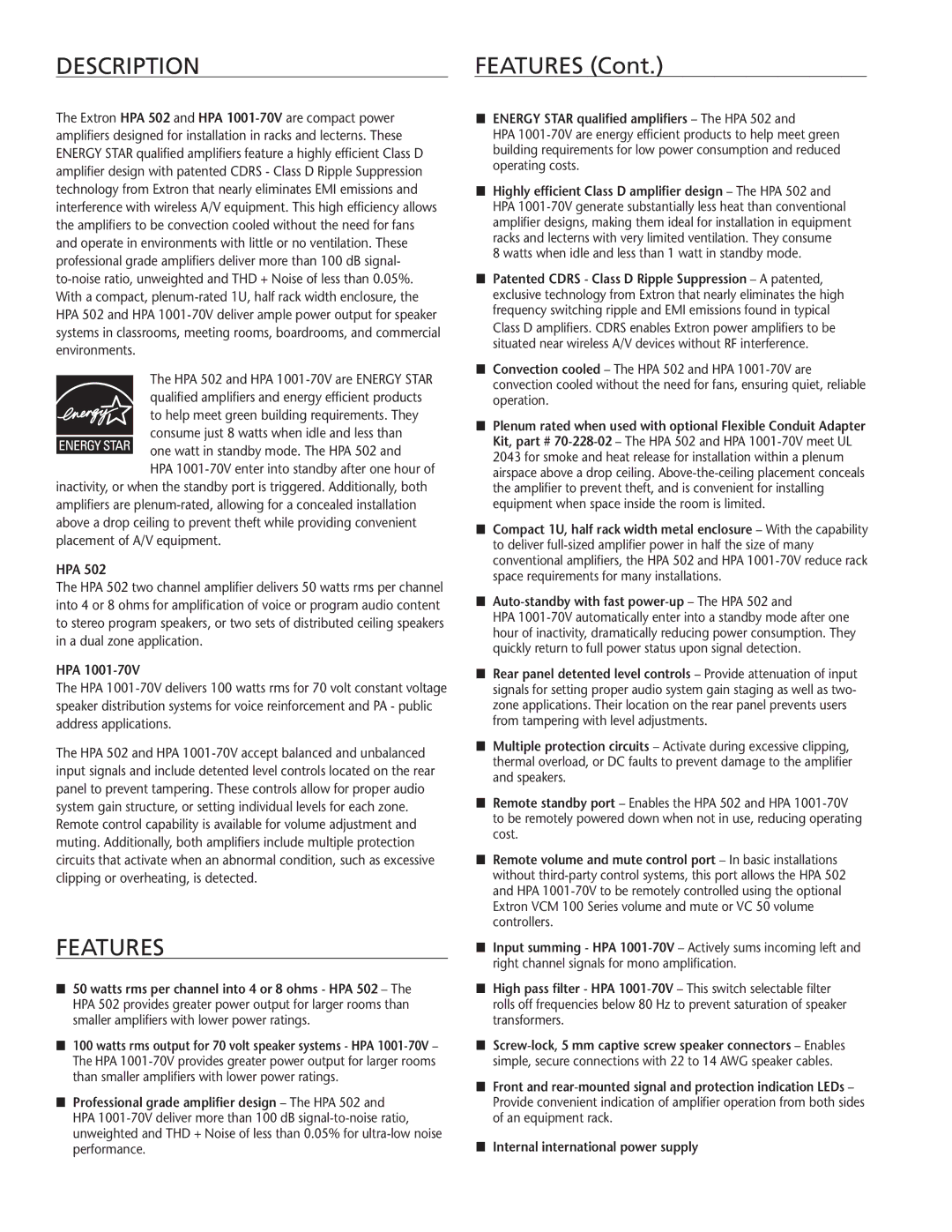 Extron electronic HPA 1001-70V manual Features, Hpa, Auto-standby with fast power-up The HPA 502 