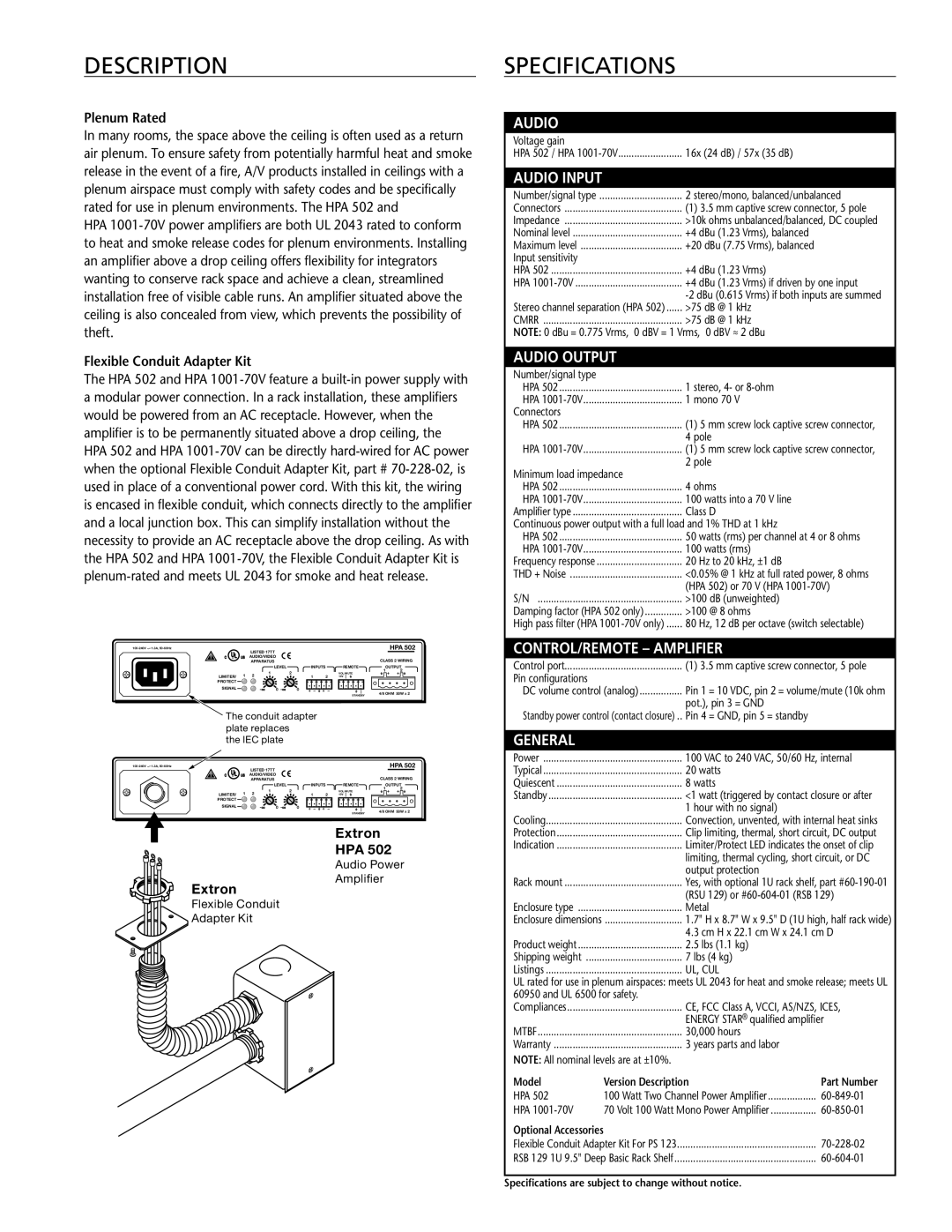 Extron electronic HPA 1001-70V Descriptionspecifications, Plenum Rated, Flexible Conduit Adapter Kit, Extron Extron HPA 