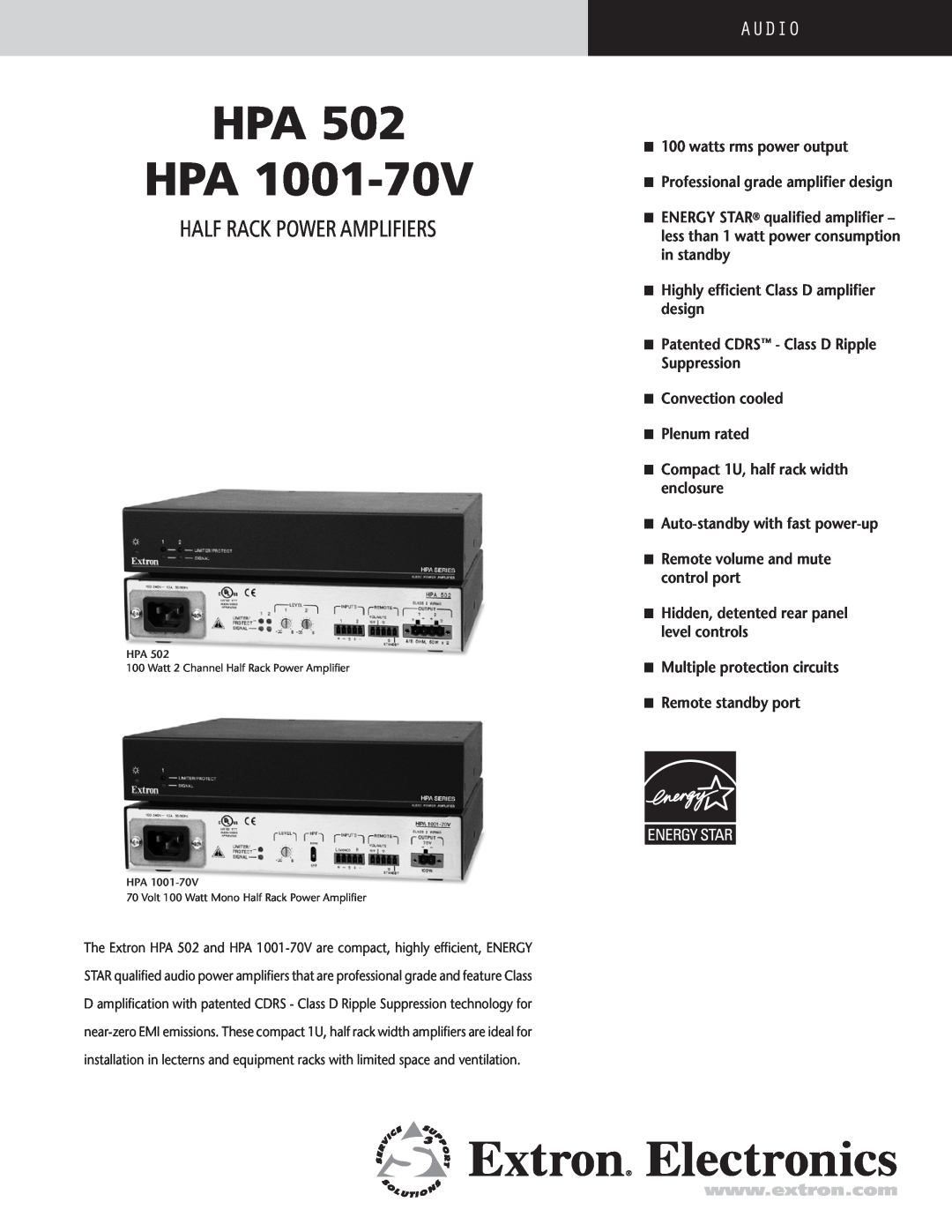Extron electronic HPA 1001-70V, HPA 502 manual Half Rack Power Amplifiers, Hpa Hpa, audio 