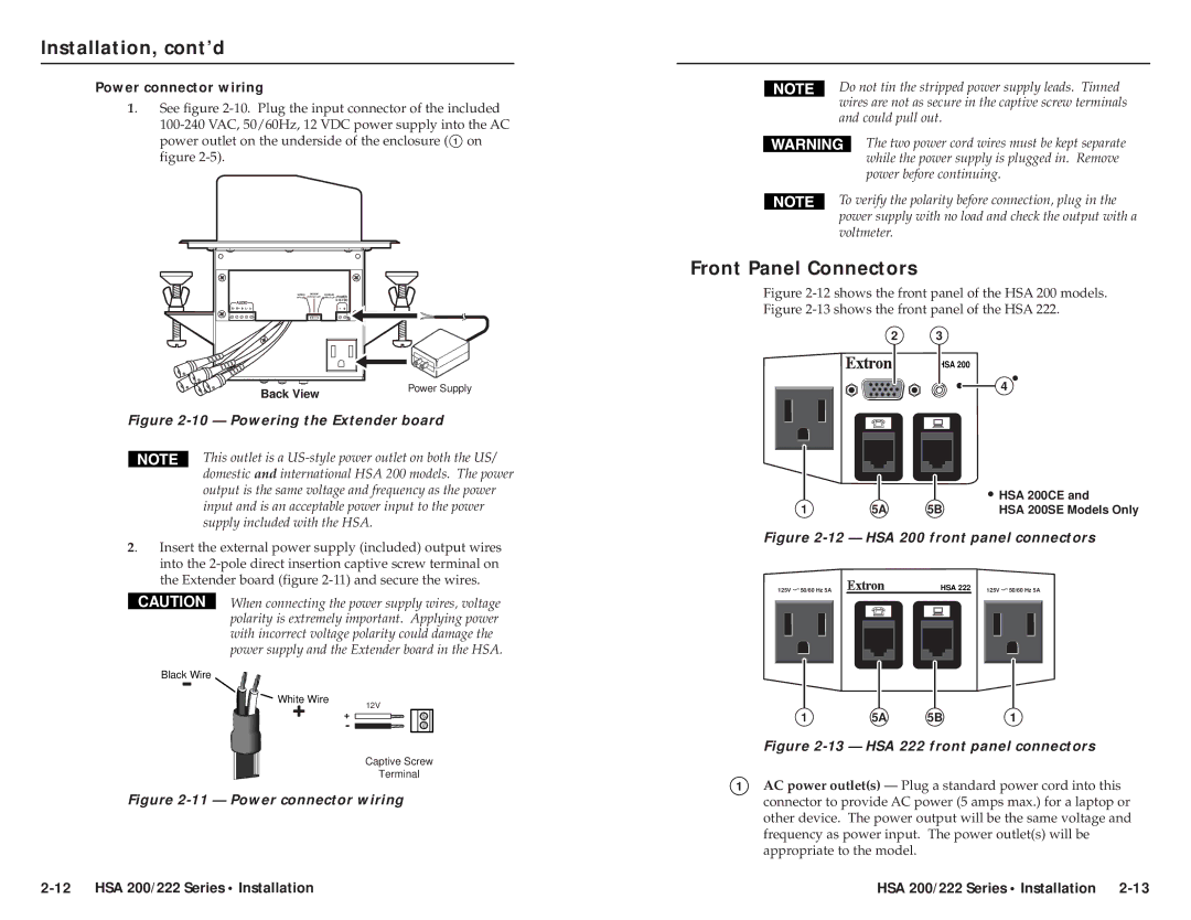 Extron electronic HSA 222S, HSA 200CE, HSA 222C, HSA 200SE user manual Front Panel Connectors, Power connector wiring 