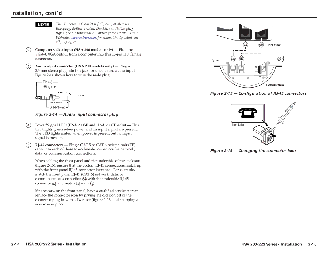 Extron electronic HSA 222C, HSA 200CE, HSA 222S, HSA 200SE user manual Audio input connector plug 