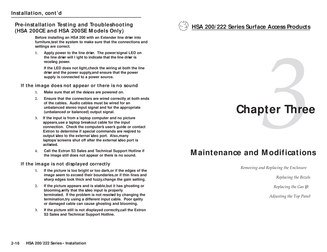 Extron electronic HSA 200S Three, Maintenance and Modifications, If the image does not appear or there is no sound 