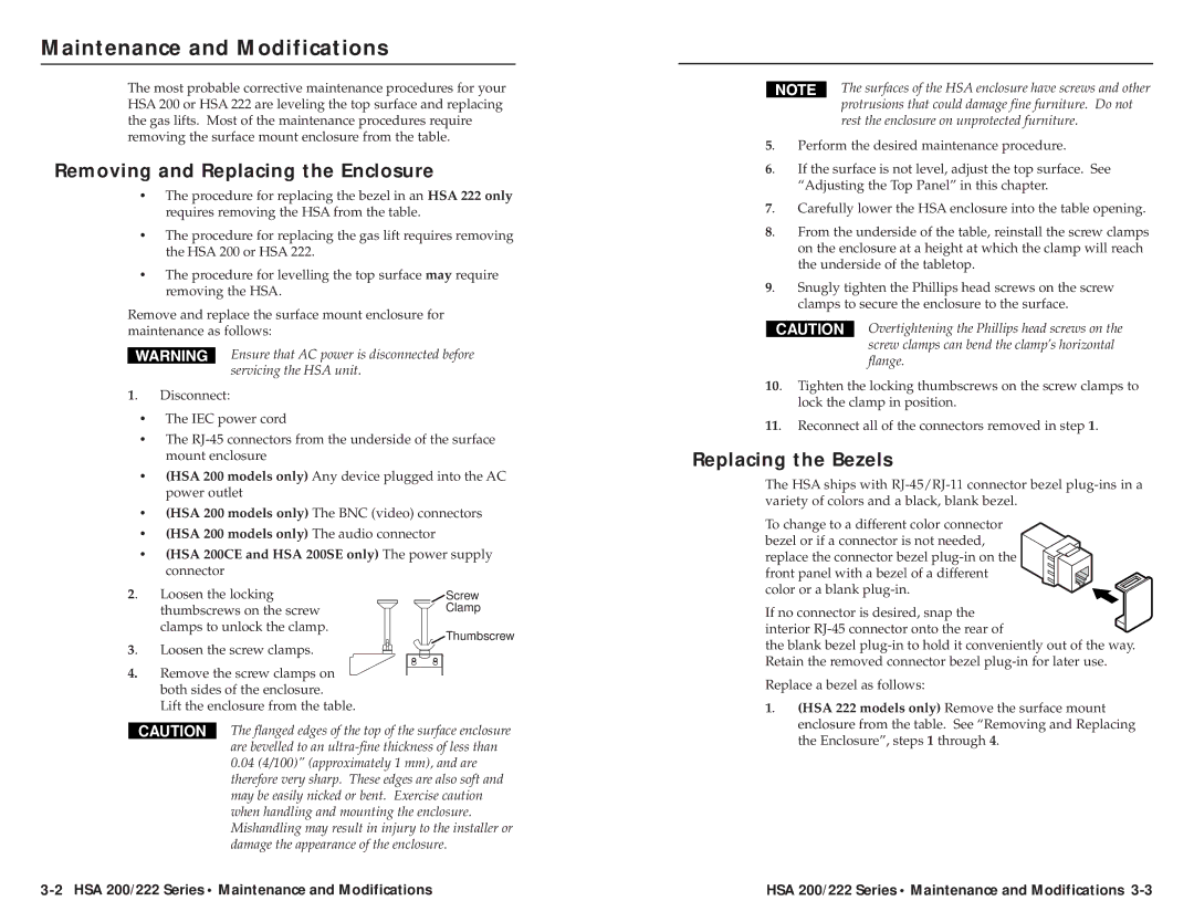 Extron electronic HSA 200SE Maintenance and Modifications, Removing and Replacing the Enclosure, Replacing the Bezels 