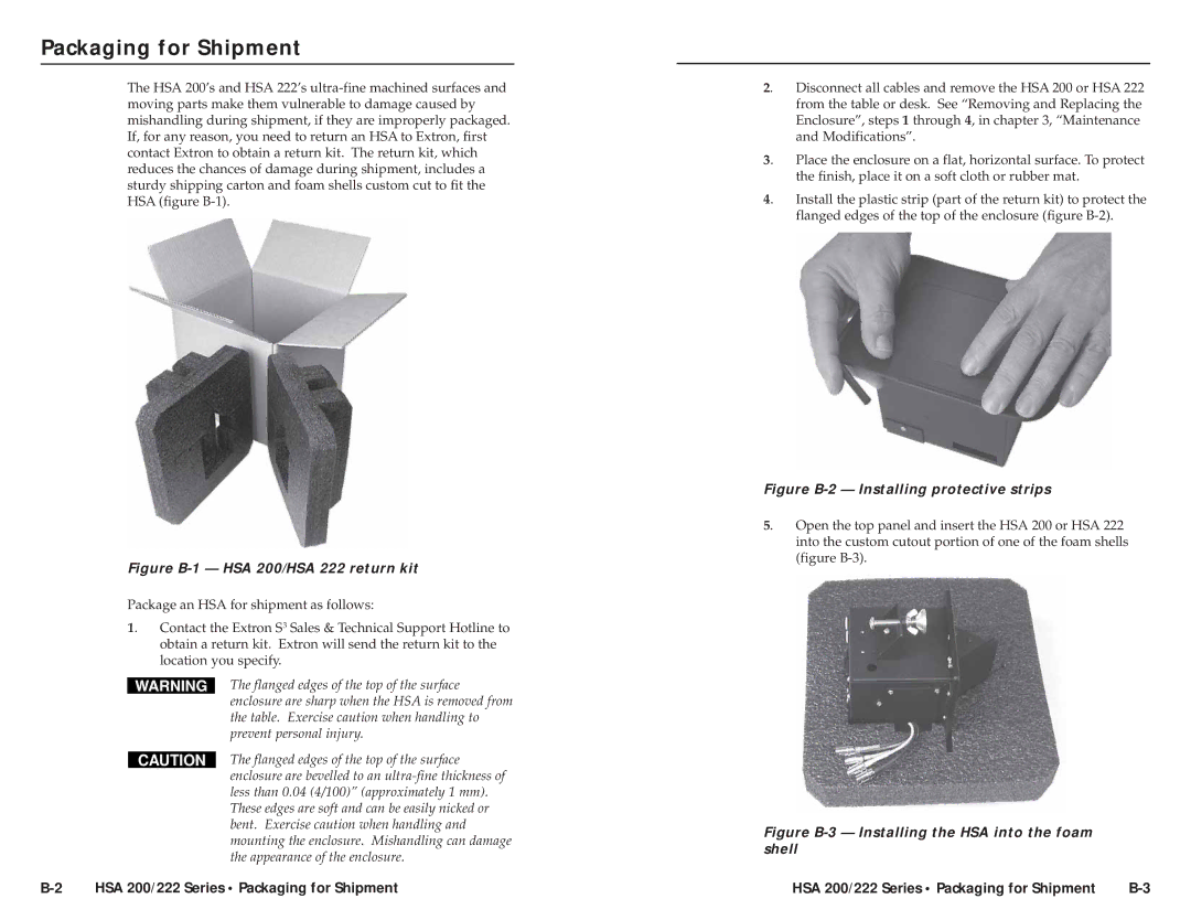 Extron electronic HSA 200SE, HSA 200CE, HSA 222S, HSA 222C user manual Packaging for Shipment 