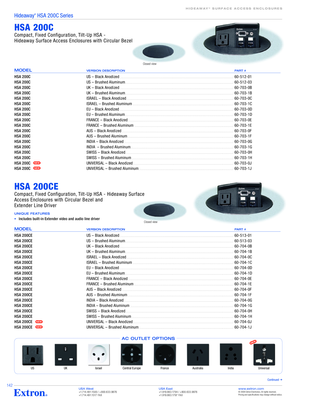 Extron electronic HSA 200CE Hideaway HSA 200C Series, Compact, Fixed Configuration, Tilt-Up HSA, Model, AC Outlet Options 