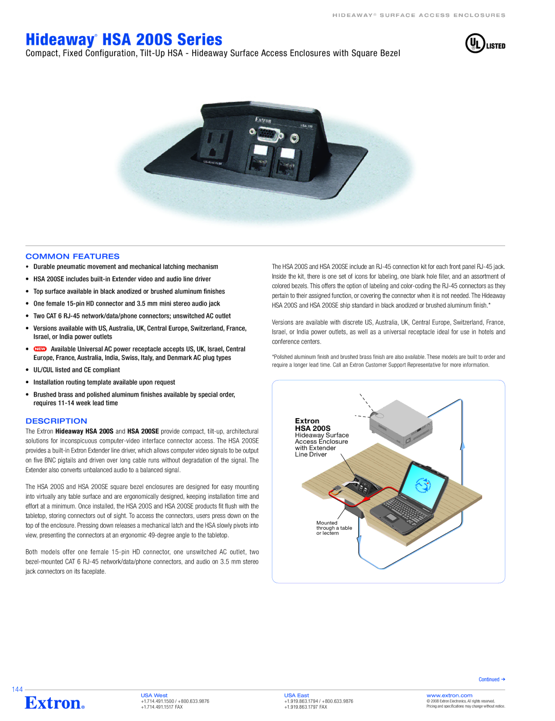 Extron electronic specifications Hideaway HSA 200S Series, Common Features 