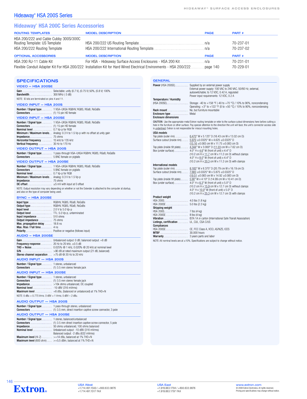 Extron electronic HSA 200S Series specifications 146 