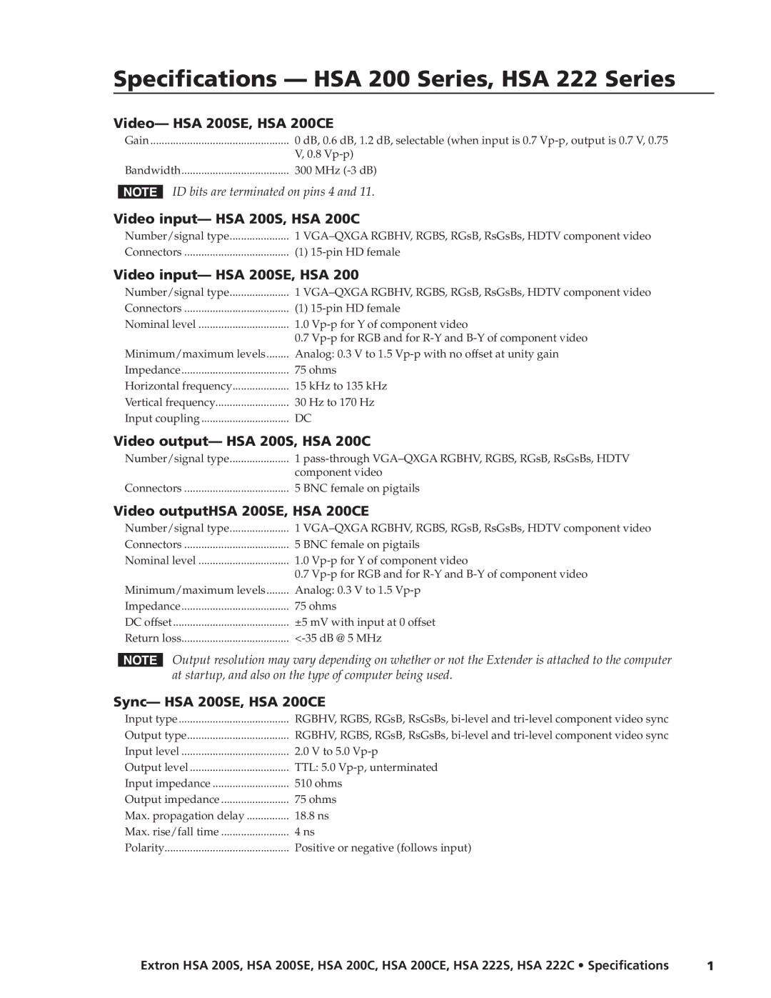 Extron electronic HSA 222 specifications Video- HSA 200SE, HSA 200CE, Video input- HSA 200S, HSA 200C 