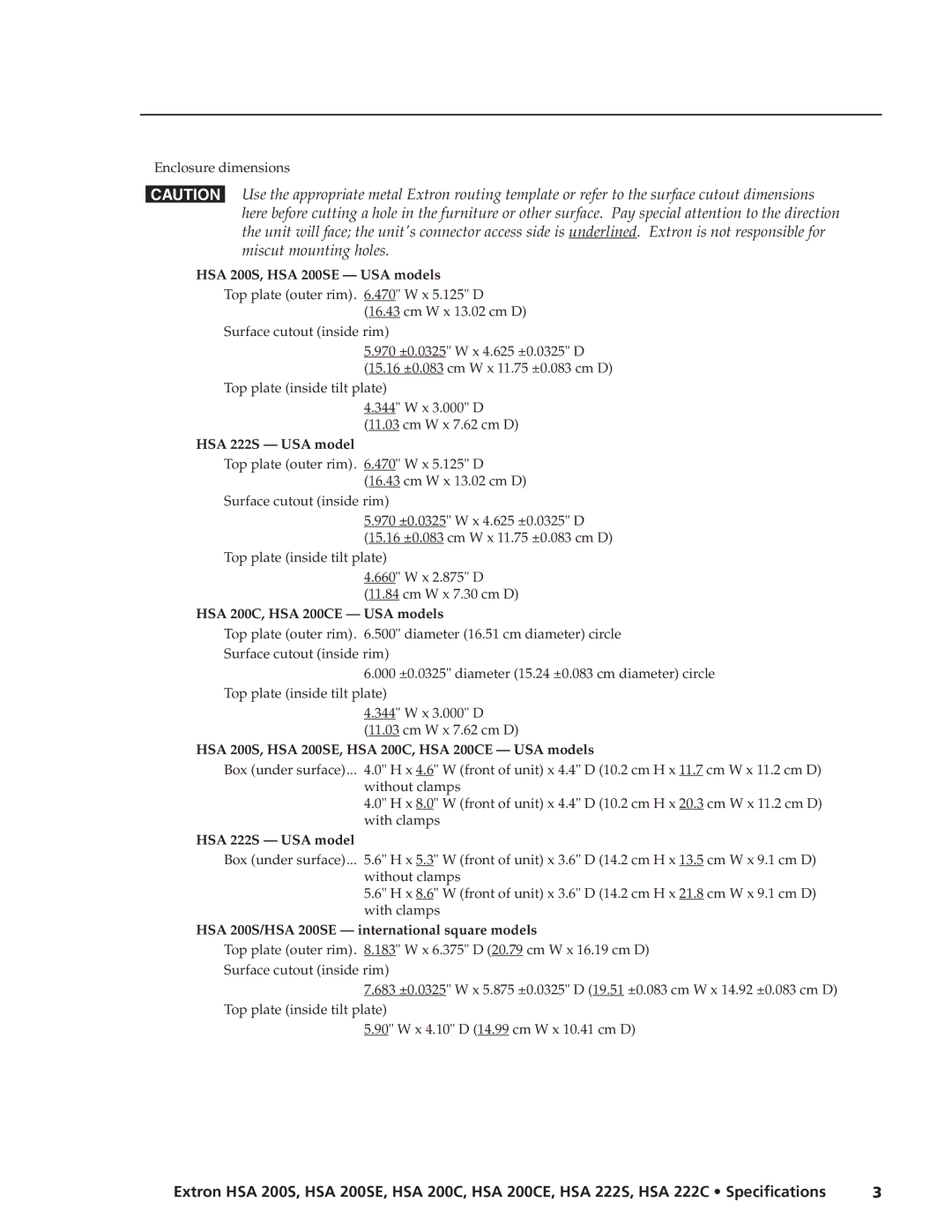 Extron electronic specifications HSA 200S, HSA 200SE USA models, HSA 222S USA model, HSA 200C, HSA 200CE USA models 