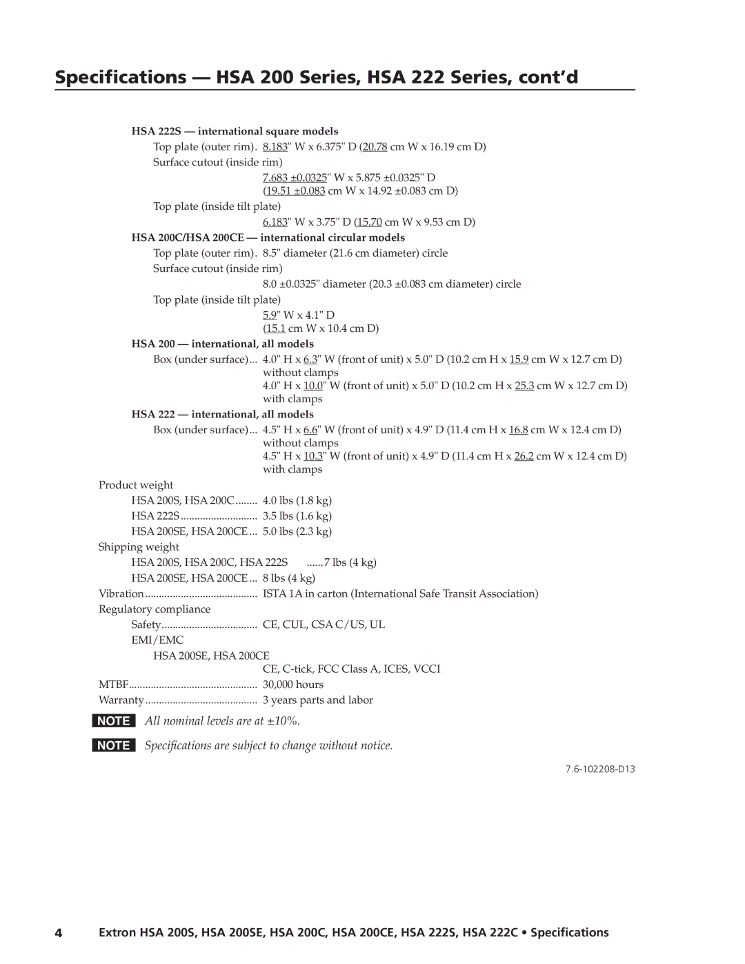 Extron electronic specifications HSA 222S international square models, HSA 200C/HSA 200CE international circular models 