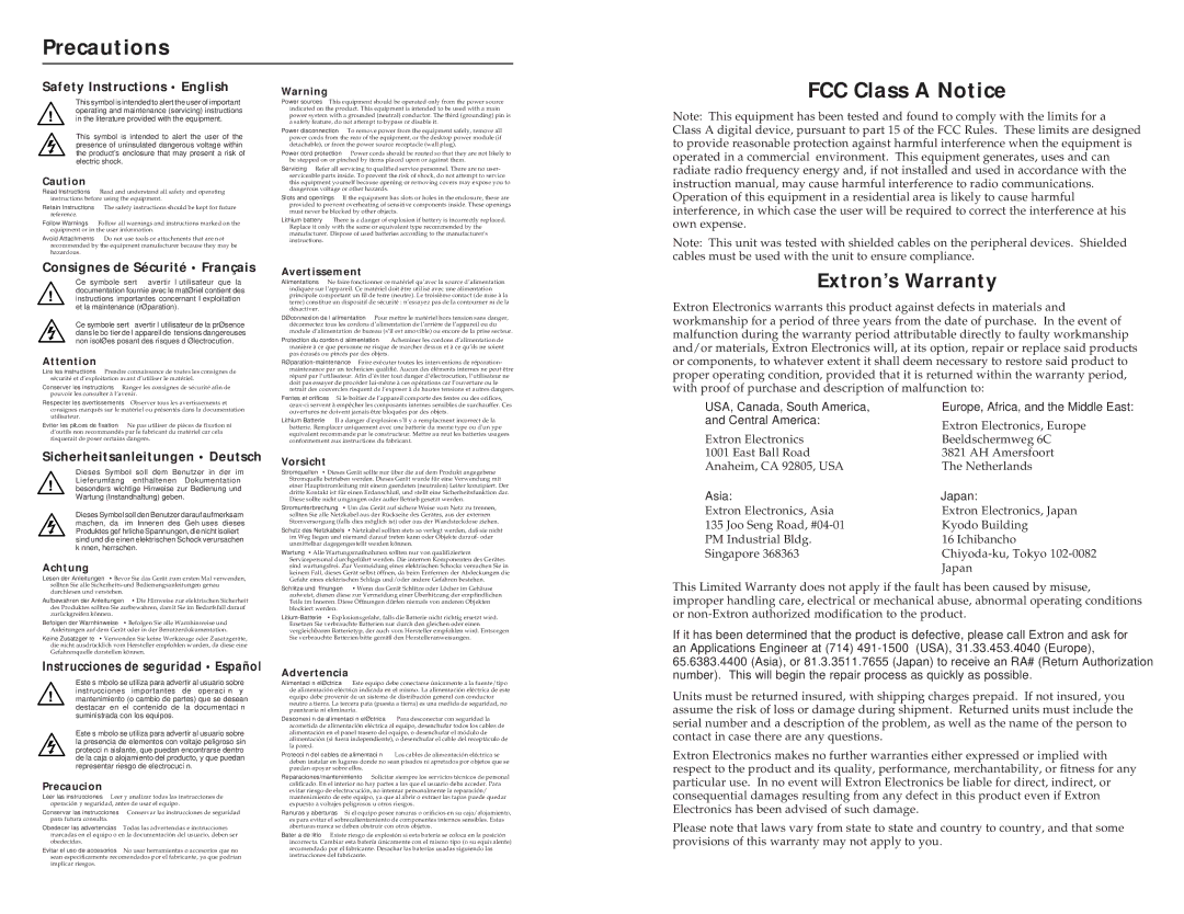 Extron electronic HSA 200SE, HSA 222C user manual Precautions, FCC Class a Notice, Extron’s Warranty 