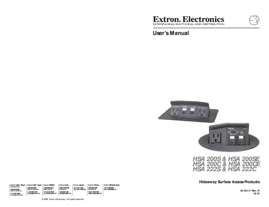 Extron electronic user manual HSA 200S & HSA 200SE HSA 200C & HSA 200CE HSA 222S & HSA 222C, User’s Manual 