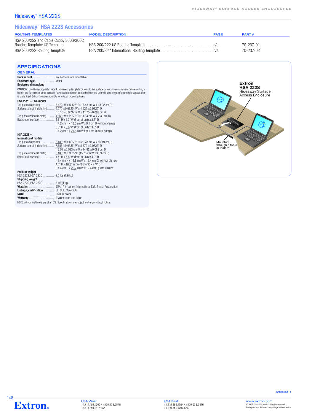 Extron electronic HSA 222S Specifications, 15.16 ±0.083 cm W x 11.75 ±0.083 cm D, 19.51 ±0.083 cm W x 14.92 ±0.083 cm D 