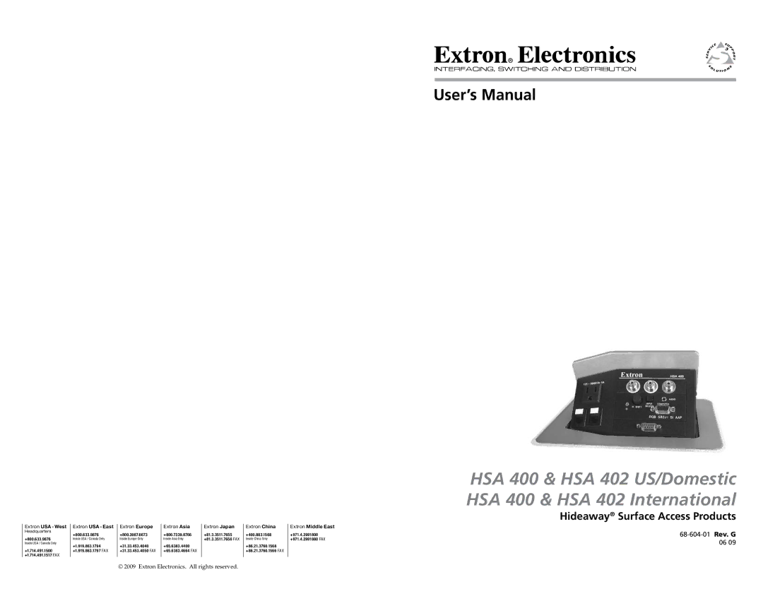 Extron electronic HSA 400 INTERNATIONAL, HSA 402 INTERNATIONAL user manual HSA 400 & HSA 402 US/Domestic 