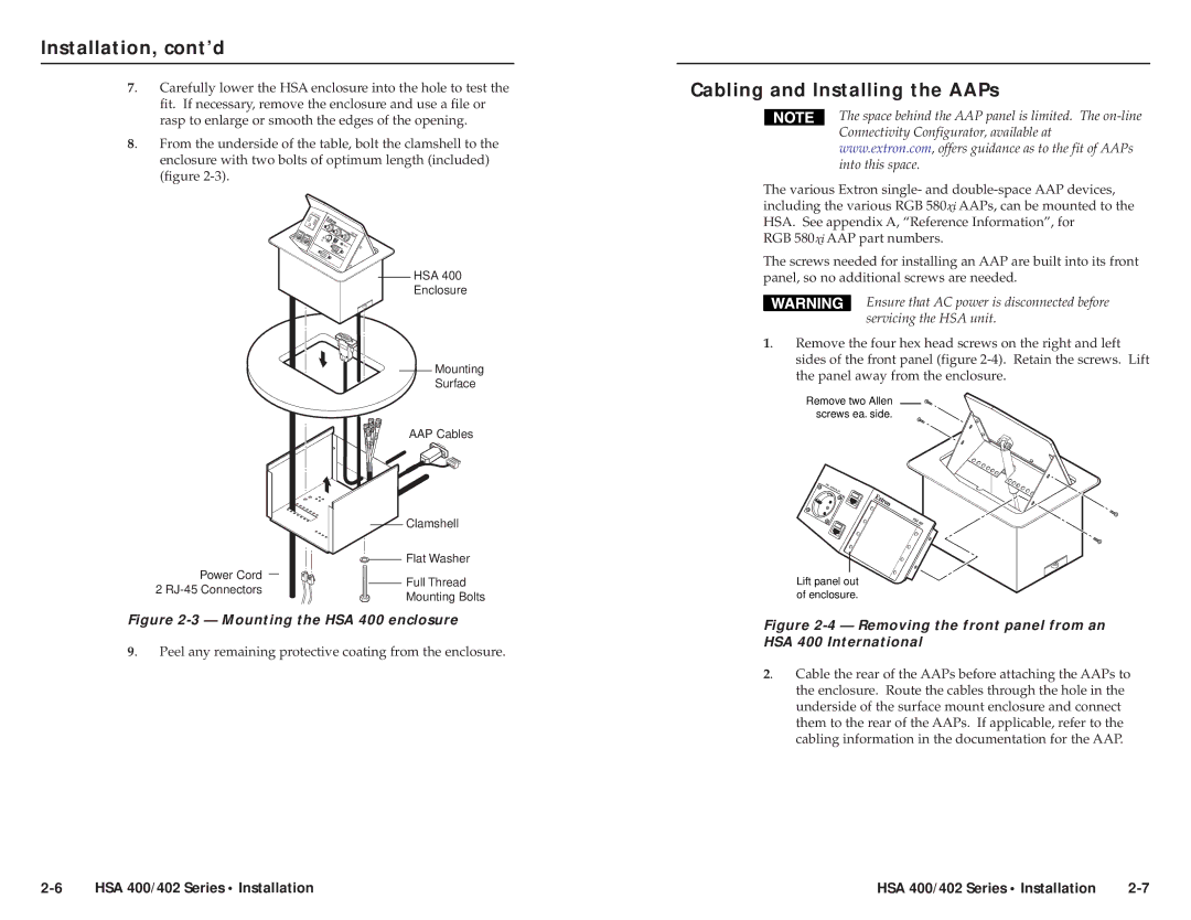 Extron electronic HSA 400 INTERNATIONAL, HSA 402 user manual Installation, cont’d, Cabling and Installing the AAPs 