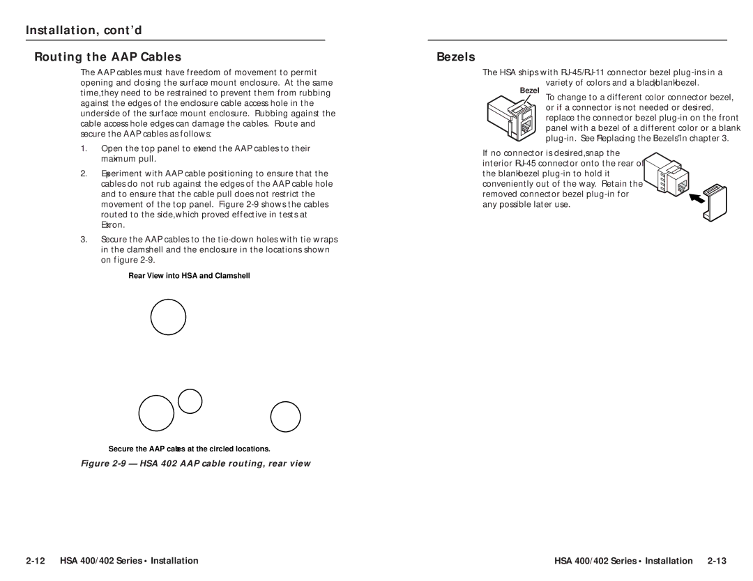 Extron electronic HSA 402, HSA 400 INTERNATIONAL user manual Installation, cont’d Routing the AAP Cables, Bezels 