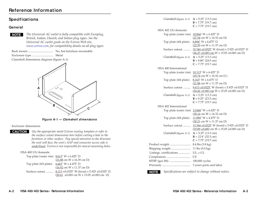 Extron electronic HSA 400 INTERNATIONAL, HSA 402 INTERNATIONAL user manual Reference Information, Specifications 