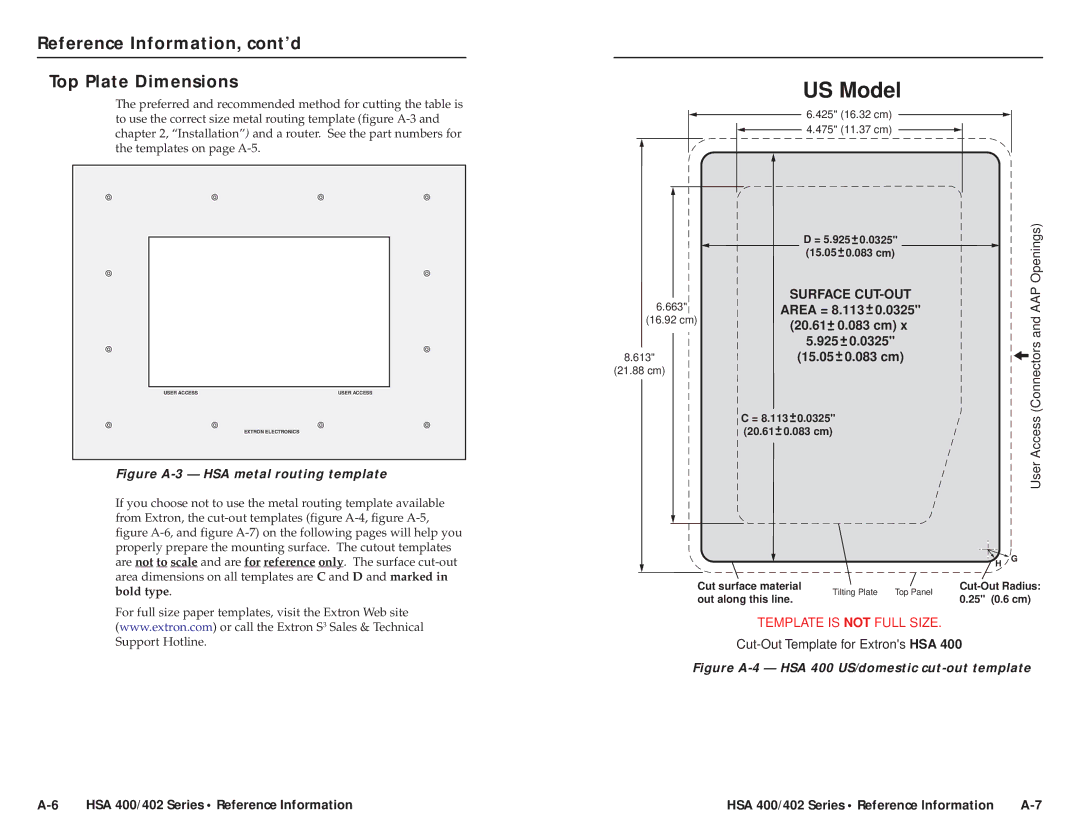 Extron electronic HSA 400 INTERNATIONAL, HSA 402 user manual US Model, Reference Information, cont’d Top Plate Dimensions 