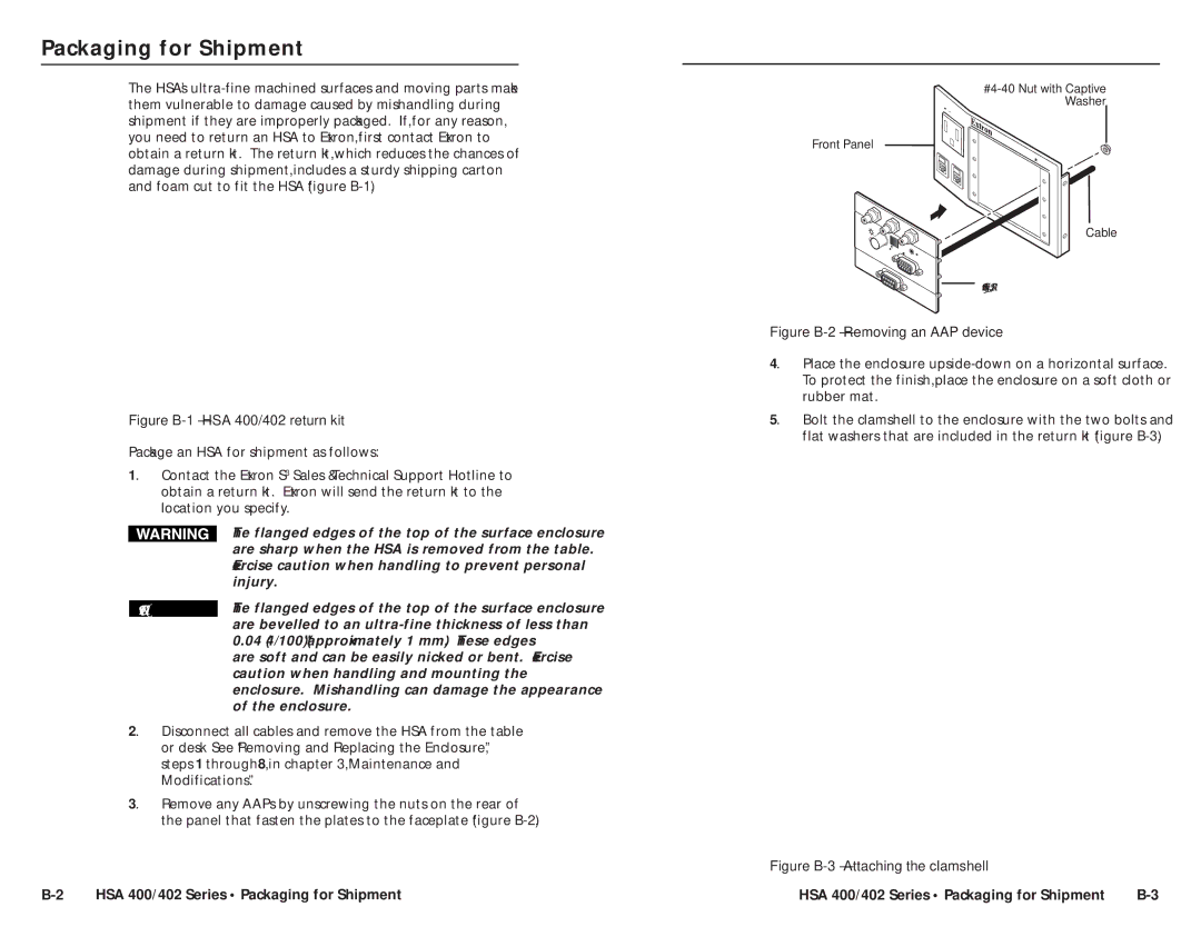 Extron electronic HSA 402, HSA 400 Packaging for Shipment, Flanged edges of the top of the surface enclosure, Injury 