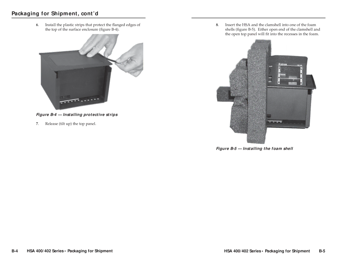 Extron electronic HSA 400 INTERNATIONAL, HSA 402 Packaging for Shipment, cont’d, Figure B-4 Installing protective strips 