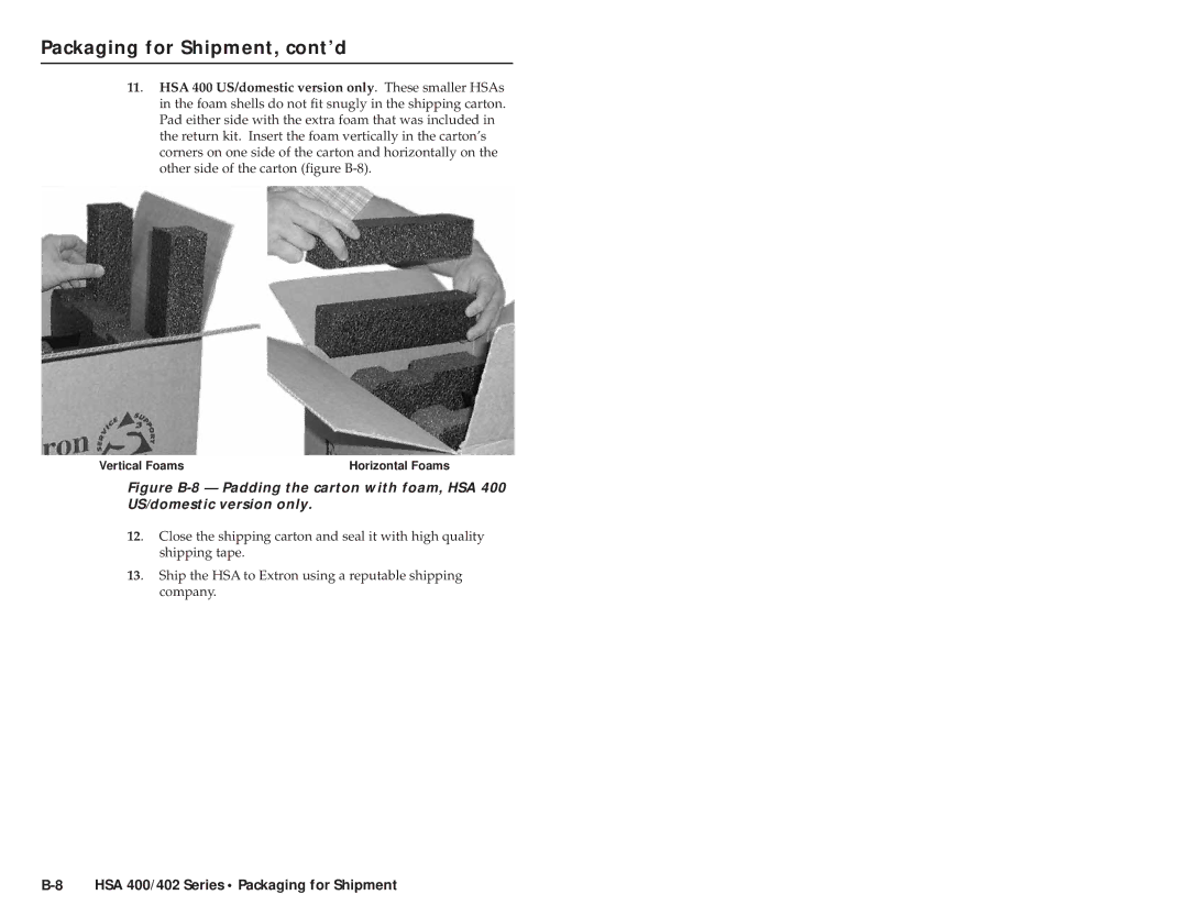 Extron electronic HSA 400 INTERNATIONAL, HSA 402 INTERNATIONAL user manual Vertical Foams 