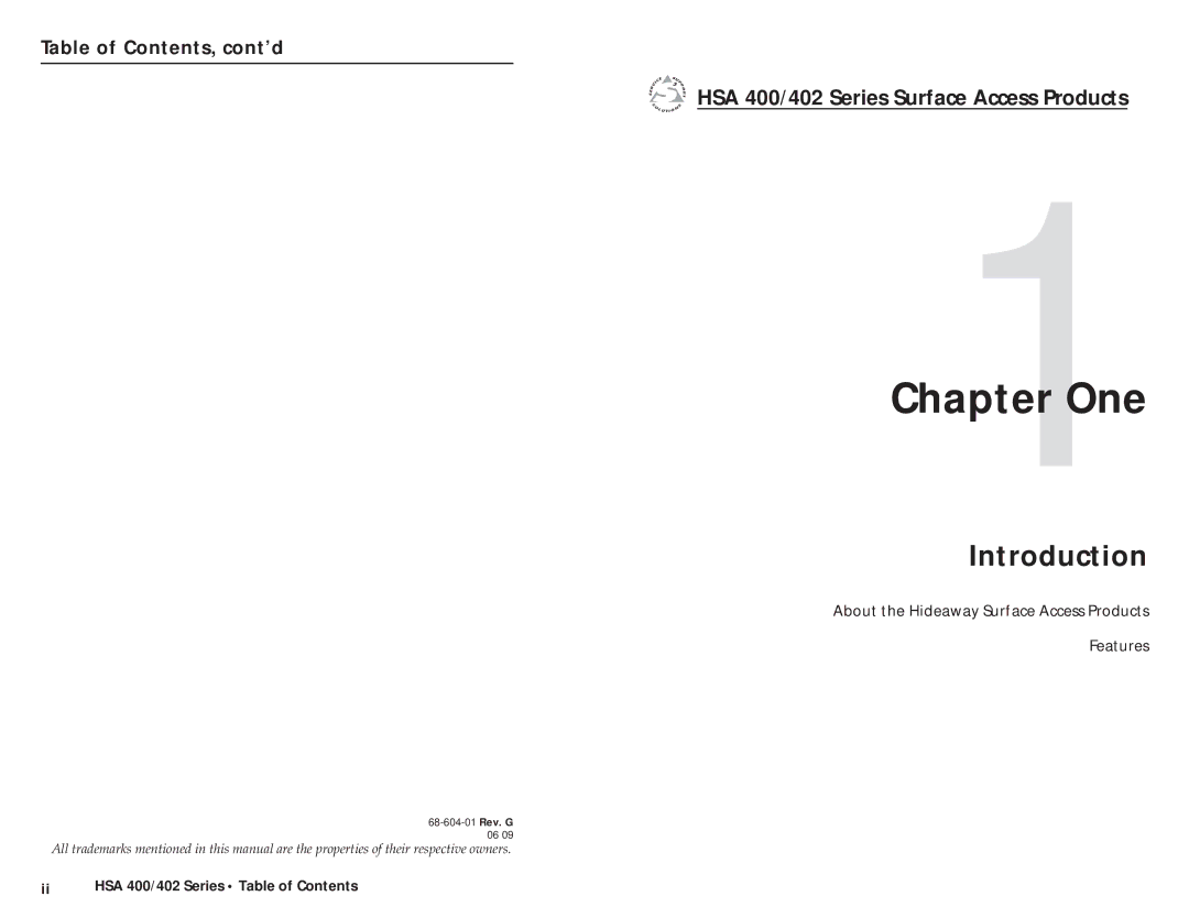 Extron electronic HSA 402 user manual Introduction, HSA 400/402 Series Surface Access Products, Table of Contents, cont’d 