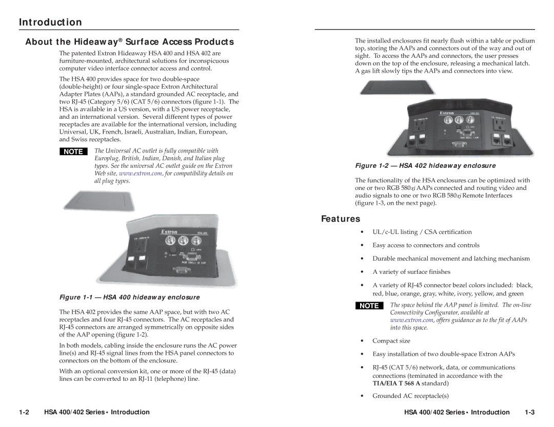 Extron electronic HSA 400 INTERNATIONAL, HSA 402 Introduction, About the Hideaway Surface Access Products, Features 