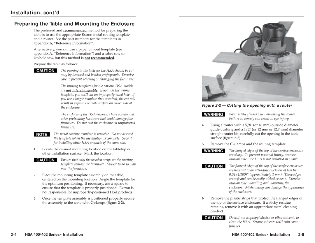 Extron electronic HSA 402 Opening in the table for the HSA should be cut, Routing templates for the various HSA models 