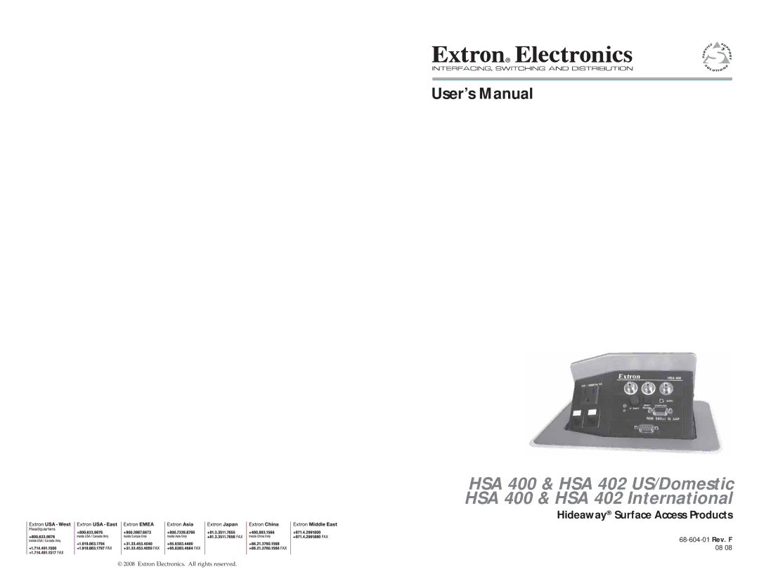 Extron electronic HSA 402, HSA 400, RGB 580xi AAP user manual User’s Manual 