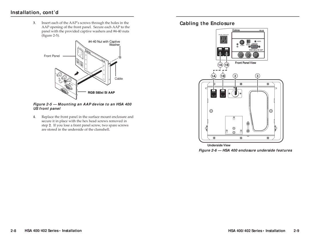 Extron electronic RGB 580xi AAP, HSA 402 Cabling the Enclosure, Mounting an AAP device to an HSA 400 US front panel 