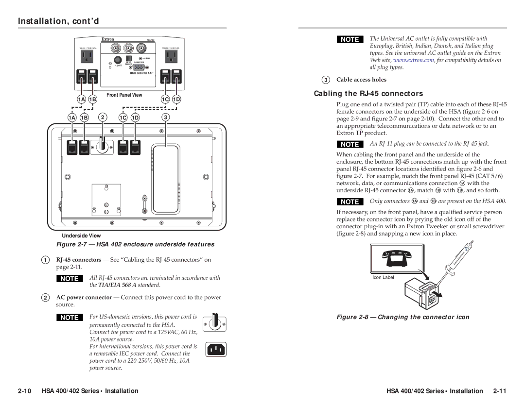 Extron electronic HSA 400, HSA 402, RGB 580xi AAP user manual An RJ-11 plug can be connected to the RJ-45 jack 