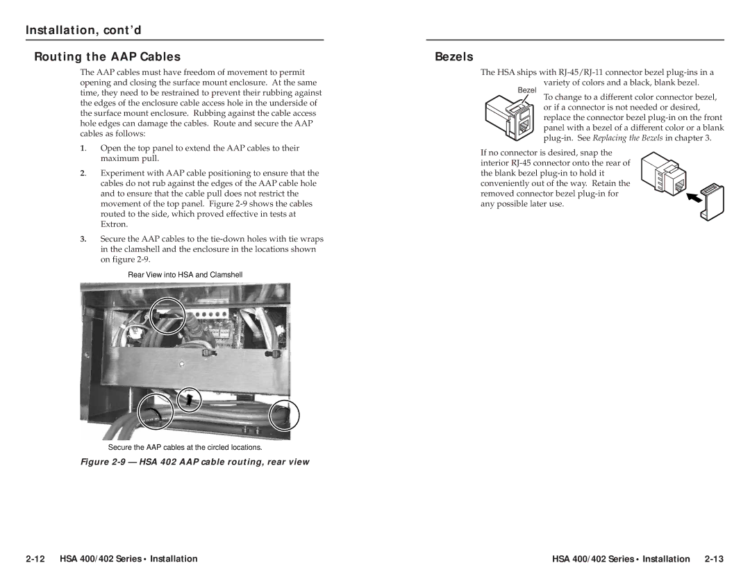 Extron electronic HSA 402, HSA 400, RGB 580xi AAP user manual Installation, cont’d Routing the AAP Cables, Bezels 