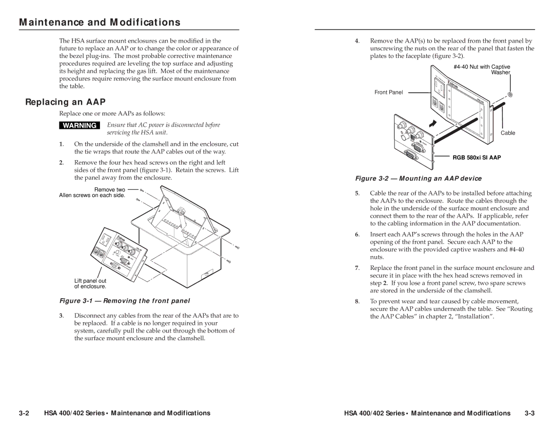 Extron electronic HSA 400, HSA 402, RGB 580xi AAP user manual Maintenance and Modifications, Replacing an AAP 