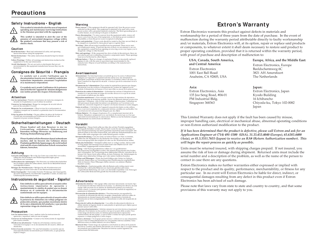 Extron electronic RGB 580xi AAP, HSA 400, HSA 402 user manual Precautions, Extron’s Warranty 