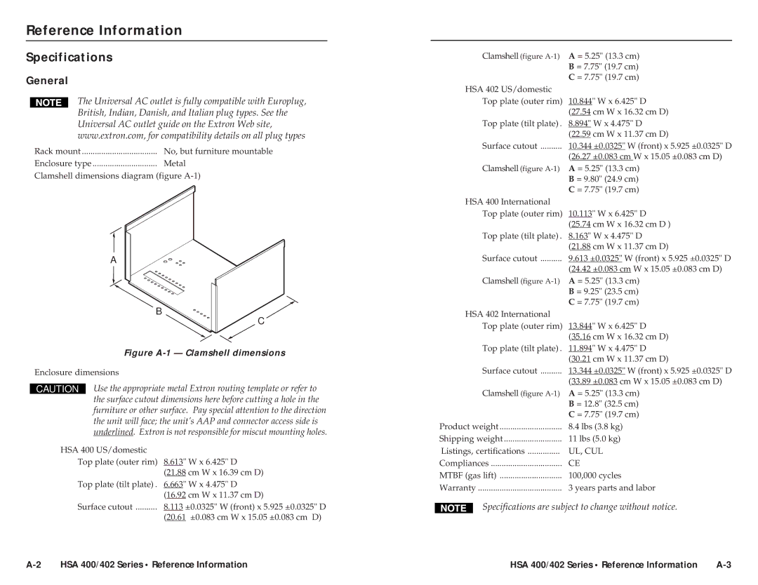 Extron electronic RGB 580xi AAP, HSA 400, HSA 402 user manual Reference Information, Specifications 