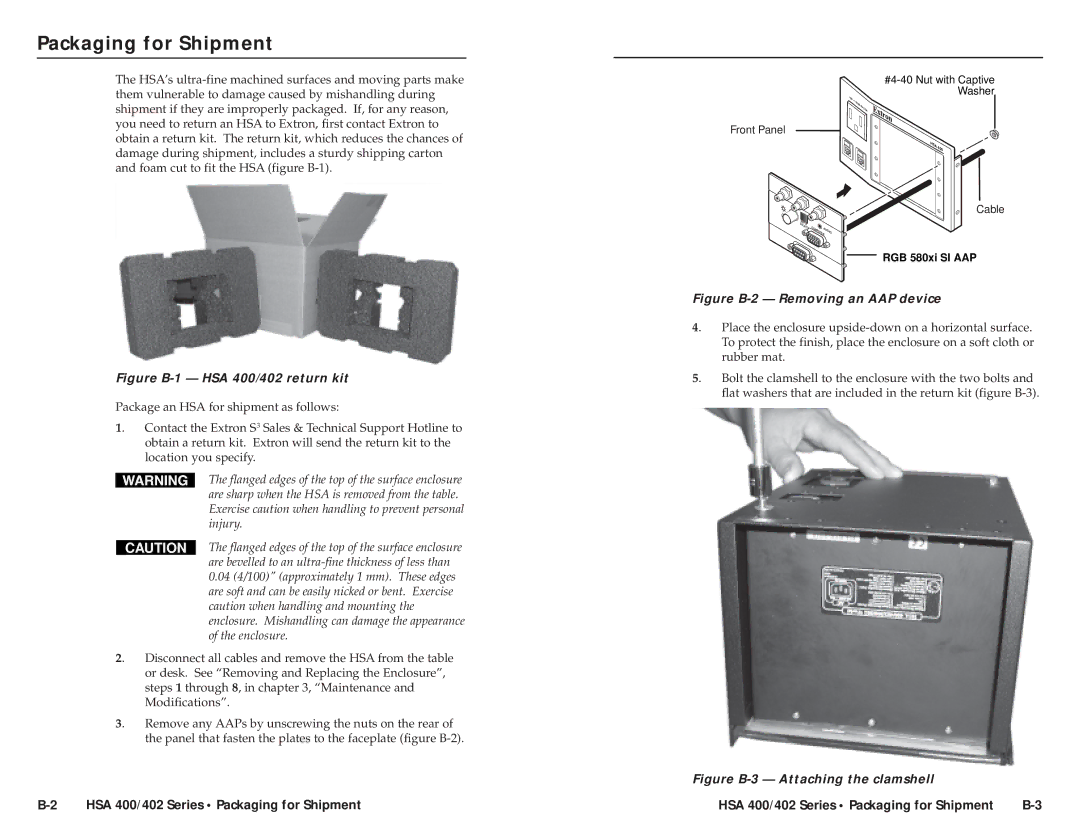 Extron electronic HSA 402, HSA 400 Packaging for Shipment, Are sharp when the HSA is removed from the table, Injury 