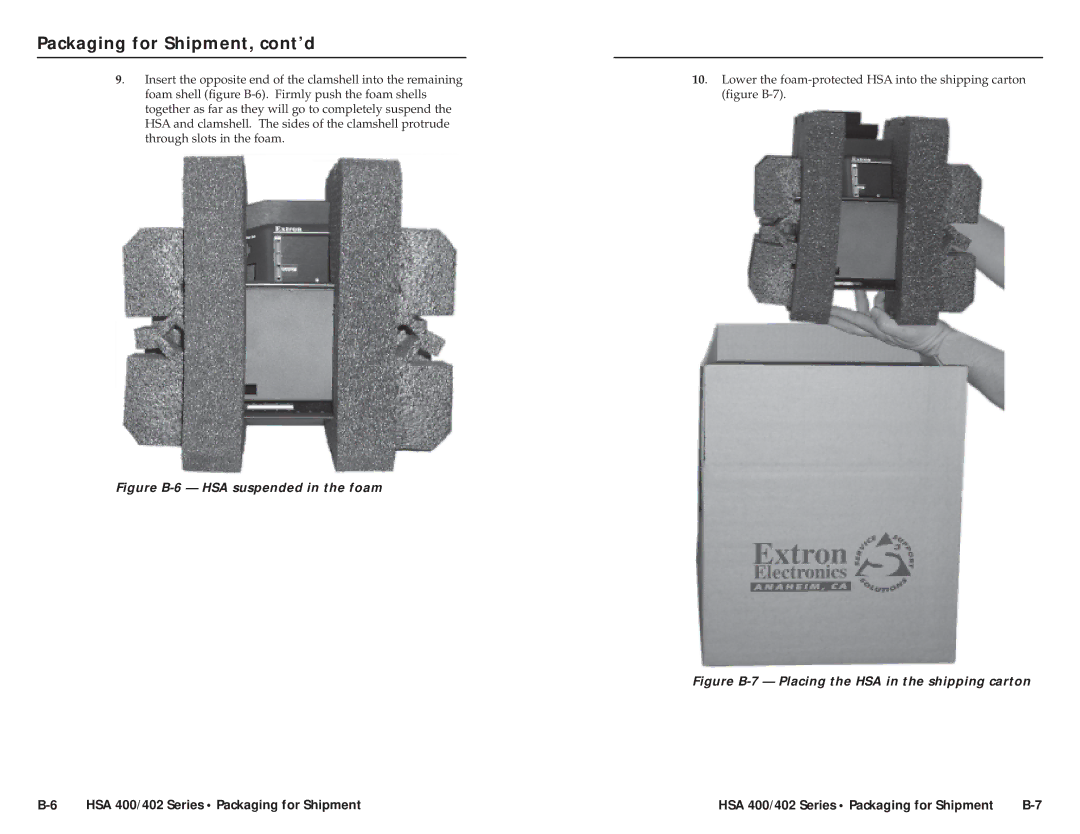 Extron electronic HSA 400, HSA 402, RGB 580xi AAP user manual Figure B-6 HSA suspended in the foam 