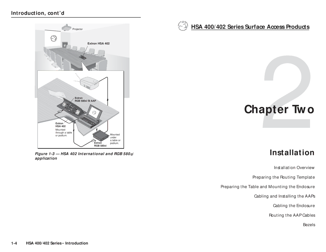 Extron electronic HSA 402, HSA 400, RGB 580xi AAP user manual Two, Installation, Introduction, cont’d 