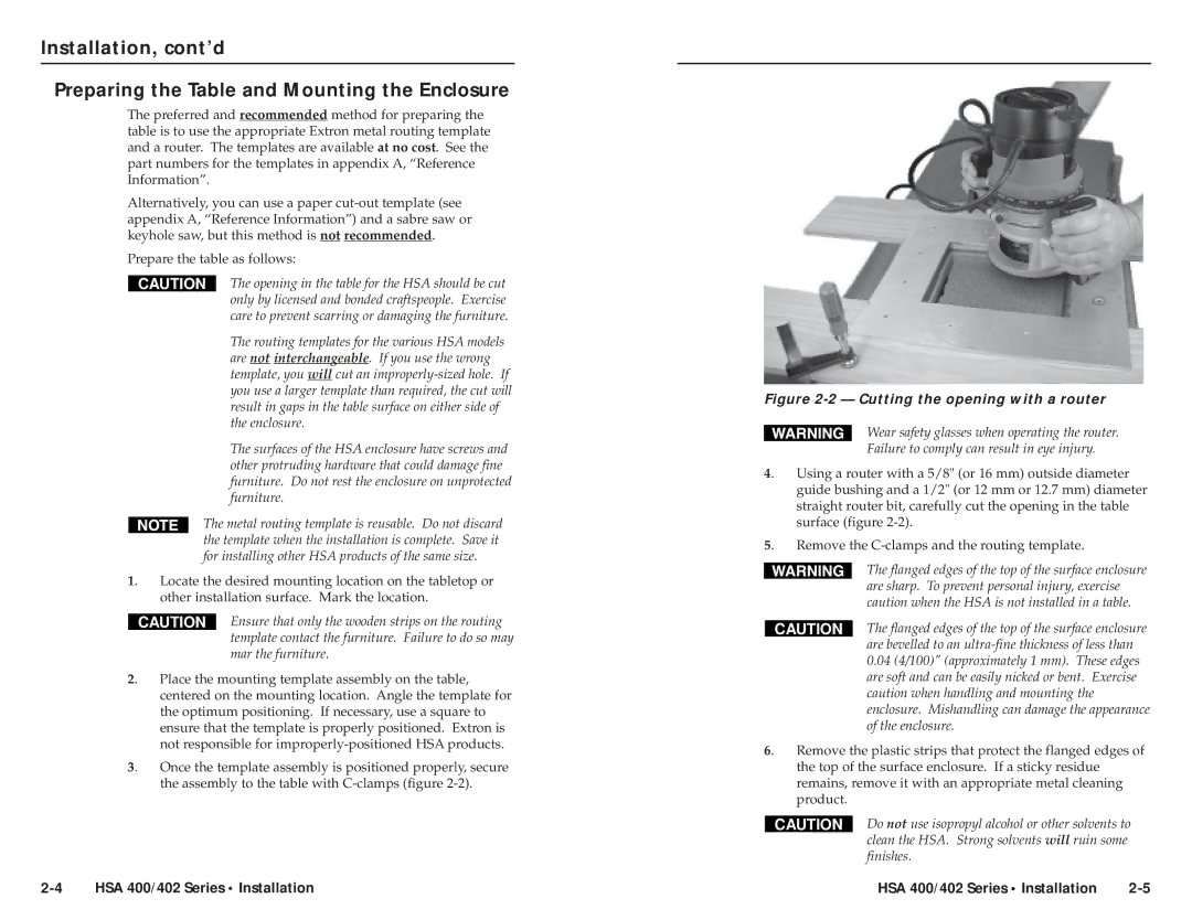 Extron electronic HSA 400 Opening in the table for the HSA should be cut, Routing templates for the various HSA models 