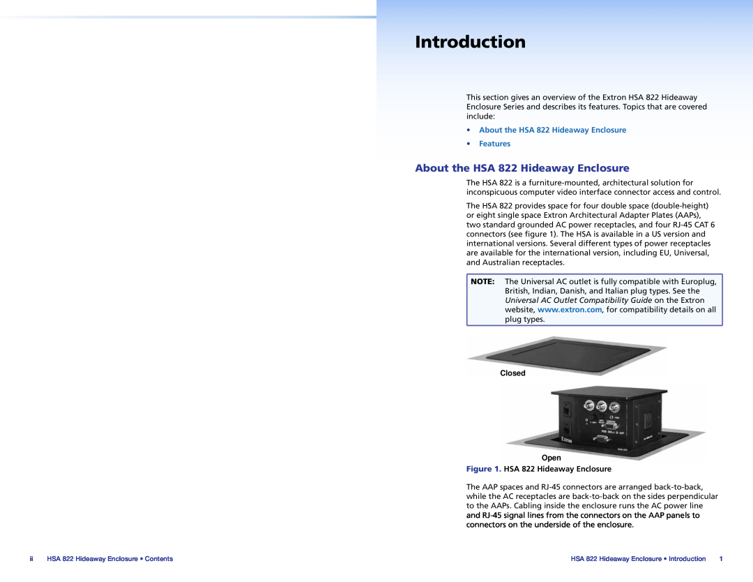 Extron electronic manual Introduction, About the HSA 822 Hideaway Enclosure Features 