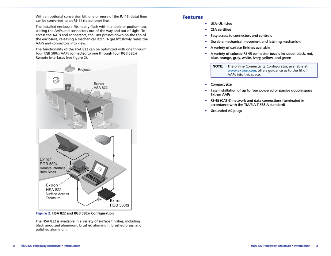 Extron electronic manual Features, HSA 822 and RGB 580xi Configuration, Extron RGB, Extron HSA 