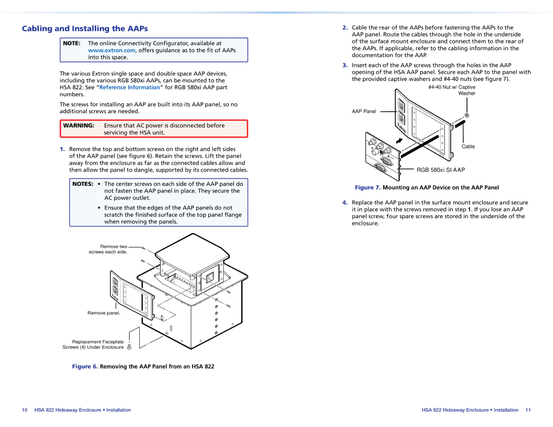 Extron electronic HSA 822 manual Cabling and Installing the AAPs, RGB 580xi SI AAP 