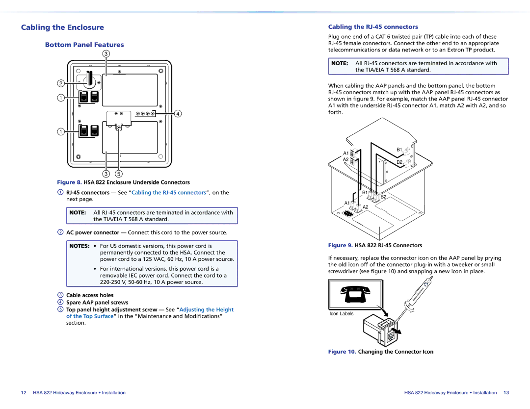 Extron electronic HSA 822 manual Cabling the Enclosure, Bottom Panel Features 