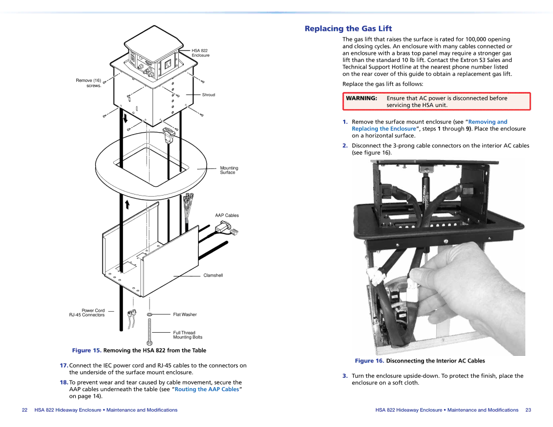 Extron electronic manual Replacing the Gas Lift, Removing the HSA 822 from the Table 