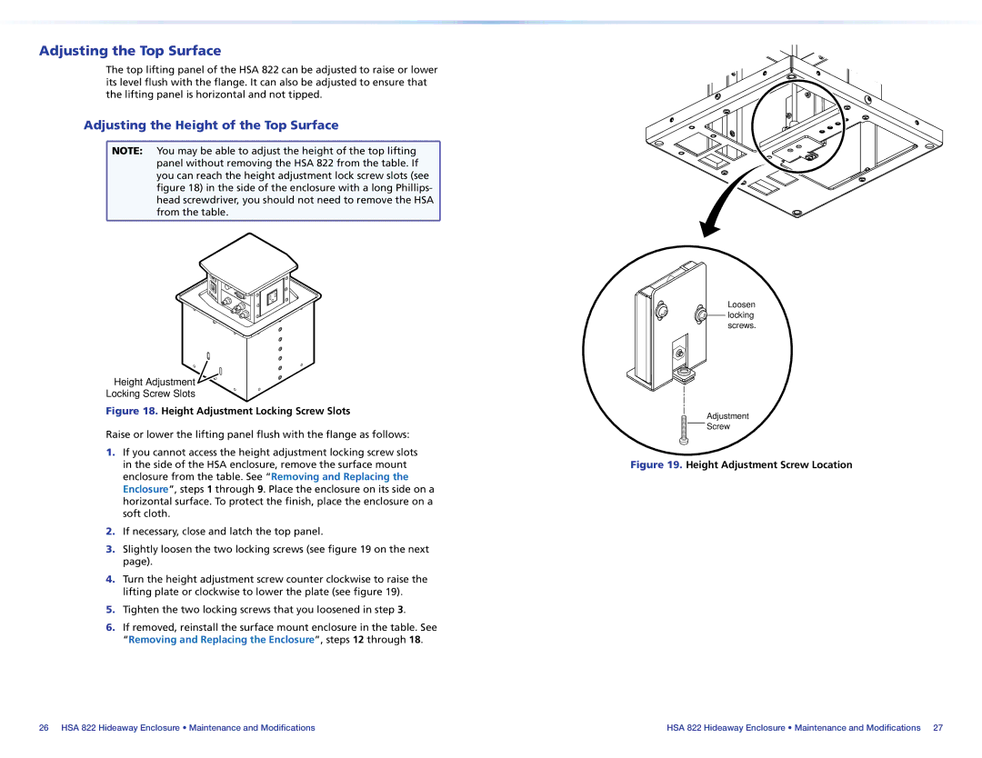 Extron electronic HSA 822 manual Adjusting the Top Surface, Adjusting the Height of the Top Surface 