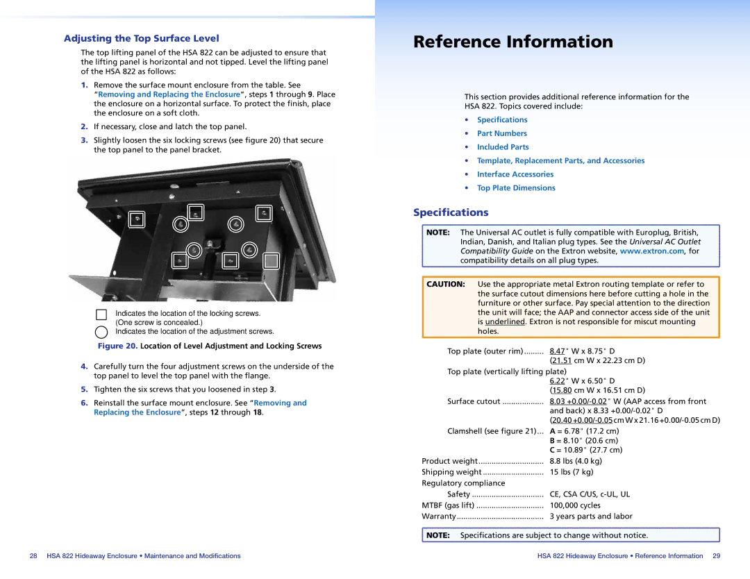 Extron electronic HSA 822 manual Reference Information, Specifications 