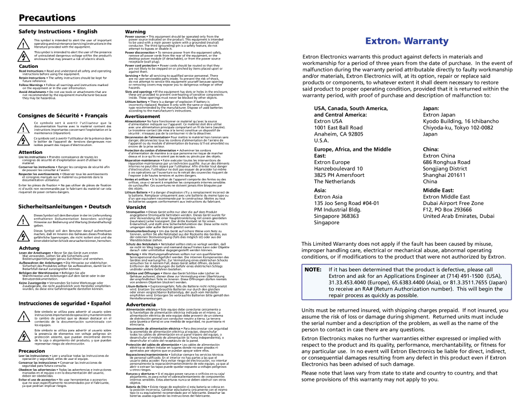 Extron electronic HSA 822 manual Extron Warranty 