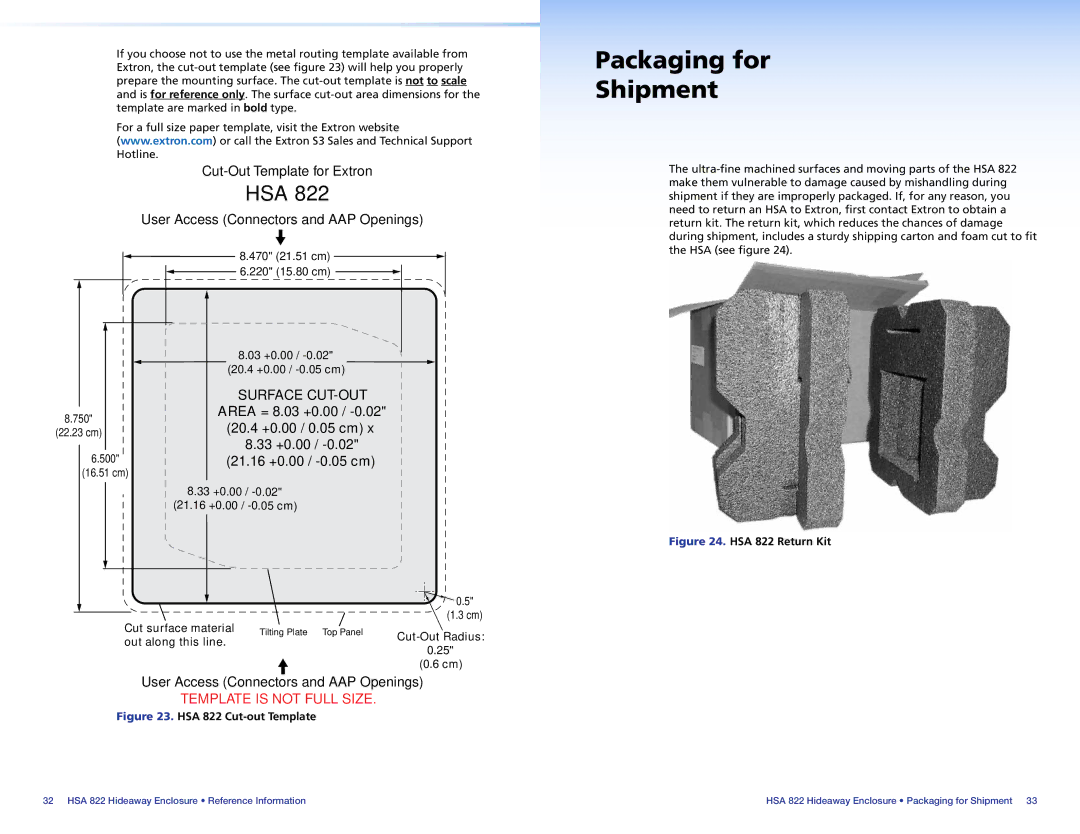 Extron electronic HSA 822 manual Packaging for Shipment, Hsa 