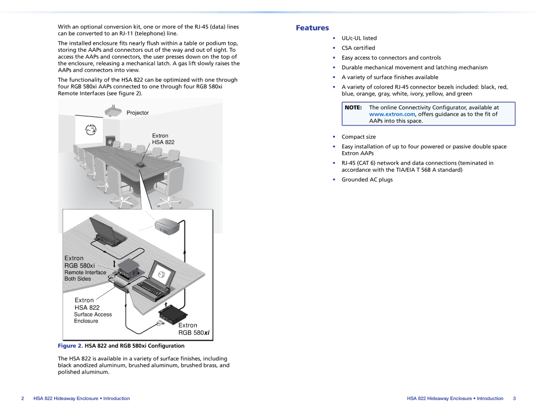 Extron electronic manual Features, HSA 822 and RGB 580xi Configuration 