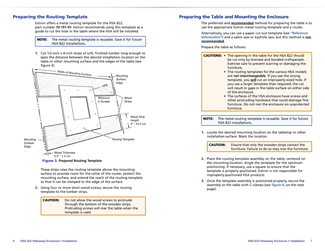 Extron electronic HSA 822 manual Preparing the Routing Template, Preparing the Table and Mounting the Enclosure 